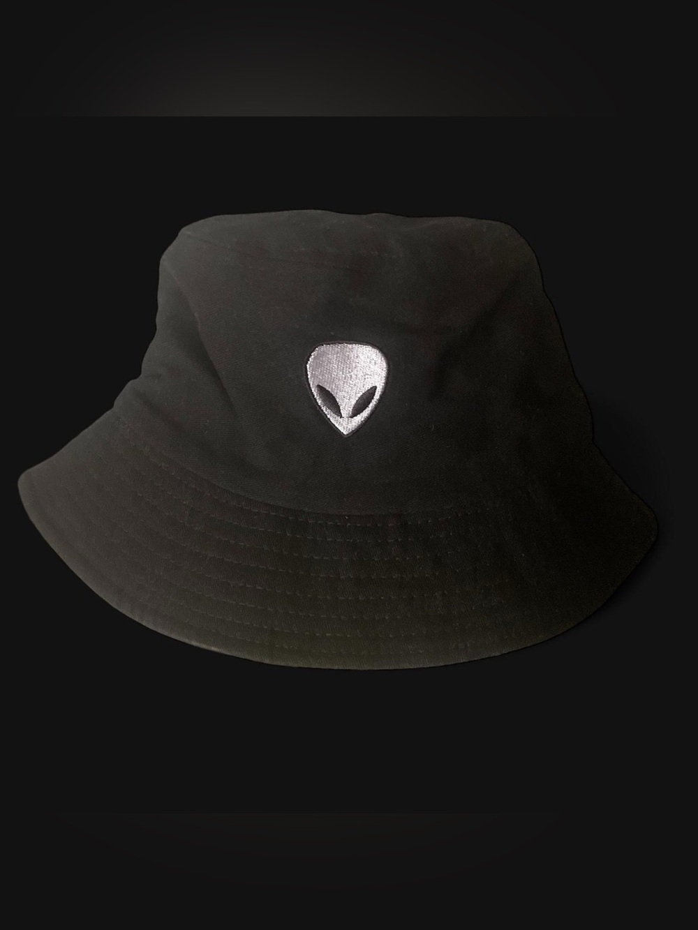 Black Bucket Hat with Silver Alien Patch - Unbranded
